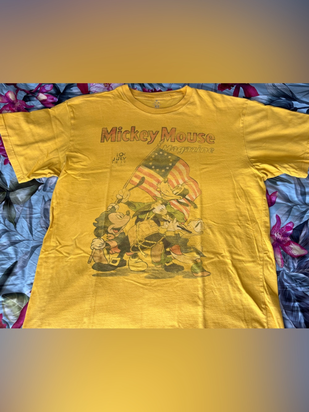 Disney Yellow Mickey Mouse Graphic Tee with Patriotic Flag
